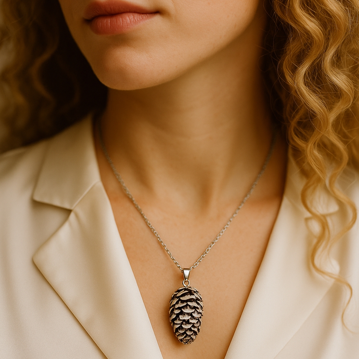 Model wearing The Glam Bijoux Pinecone Necklace with a hypoallergenic stainless-steel chain (36 cm / 14 in)