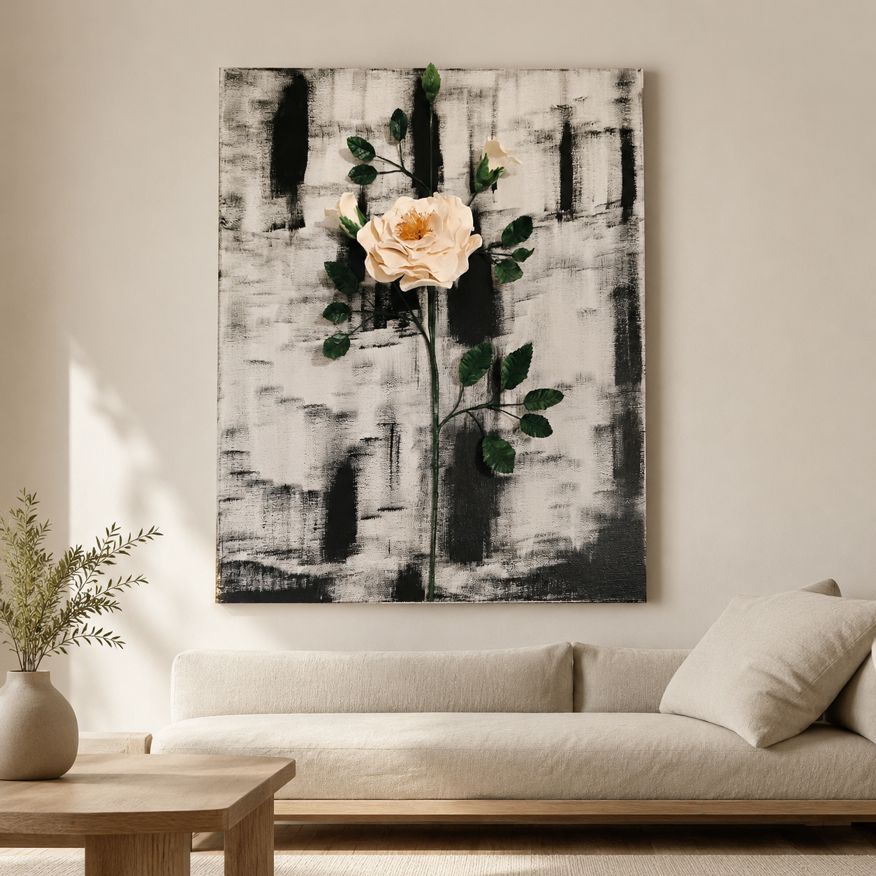 Elegance Harmony clay phalaenopsis orchid wall art displayed in a living room, featuring white orchids and a warm yellow and brown painted canvas backdrop, adding elegance and tranquility to the space.