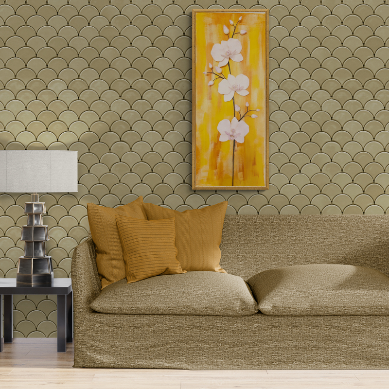 Elegance Harmony clay phalaenopsis orchid wall art centered above a neutral-toned sofa in a modern living room, featuring white orchids and an acrylic-painted yellow and brown background.