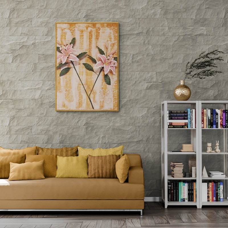 Elegant 3D floral wall art with clay oriental lilies as a focal point in a modern living room