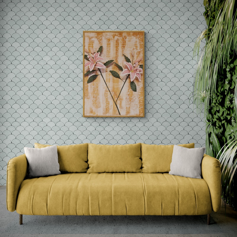 3D clay flower wall art with oriental lilies styled above a modern sofa in a living room.